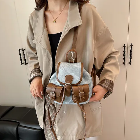 Women Vintage Denim PU Leather Mini Backpack Trendy Drawstring Bucket Bag Fashion Casual Retro Small Rucksack Travel School Bag