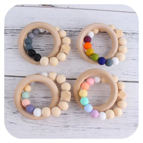 Baby Wood Silicone Teether Ring Macaron Color Beaded Teething Toy Natural Wooden Sensory Grasping Toy For Infants