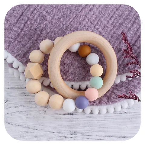 Baby Wood Silicone Teether Ring Macaron Color Beaded Teething Toy Natural Wooden Sensory Grasping Toy For Infants