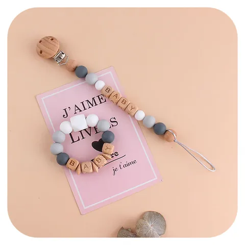 Silicone Beech Wood Baby Pacifier Clip And Teether Bracelet Set With Baby Letter Beads Food Grade Teething Toy For Toddlers
