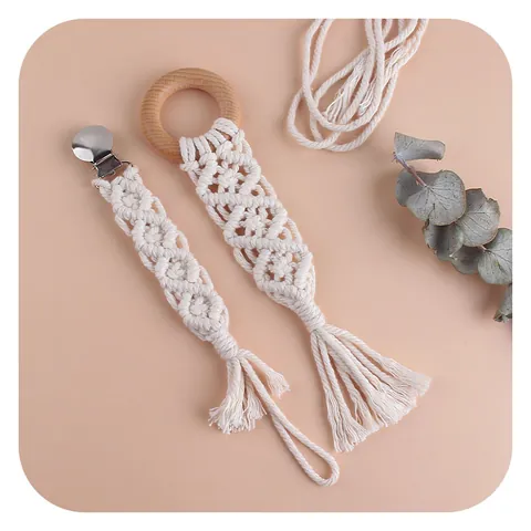 Handmade Woven Cotton Rope Pacifier Clip And Beech Wood Teething Ring Set Boho Baby Soother Chain For Newborn Toddler