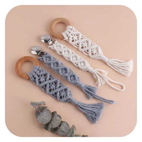 Handmade Woven Cotton Rope Pacifier Clip And Beech Wood Teething Ring Set Boho Baby Soother Chain For Newborn Toddler