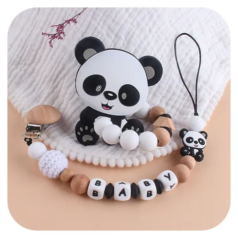 Baby Panda Silicone Teether And Beech Wood Pacifier Clip With Alphabet Beads Handmade Infant Soothing Molar Accessory