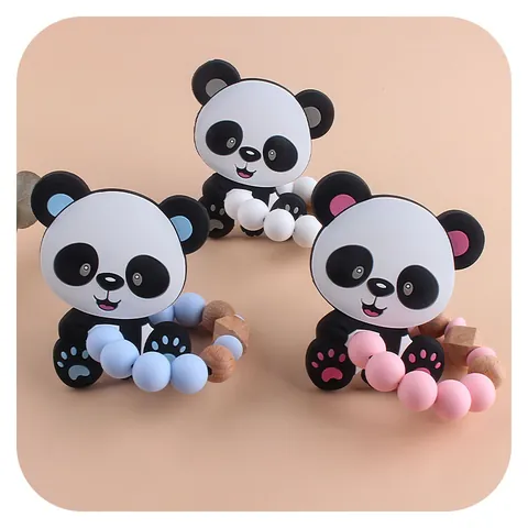 Baby Panda Silicone Teether And Beech Wood Pacifier Clip With Alphabet Beads Handmade Infant Soothing Molar Accessory