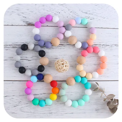 Silicone And Beech Wood Baby Teether Bracelet BPA Free Soothing Molar Beads Teething Toy For Infants Sensory Play Jewelry