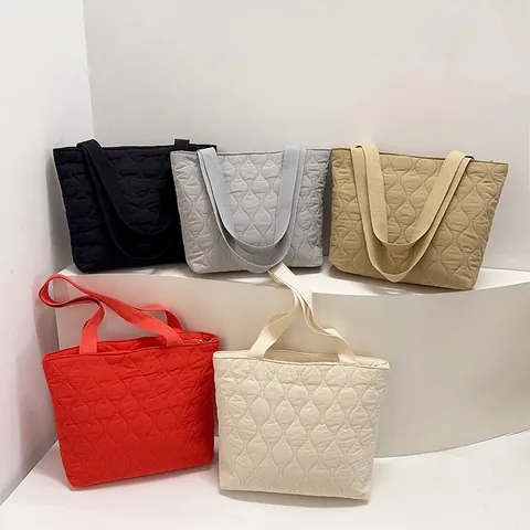 Fashion Quilted Nylon Rhombus Grid Large Capacity Tote Bag Women Wave Pattern Padded Shoulder Bag Winter Bubble Handbag