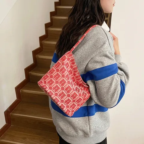 Women Chinese New Style Knitted Canvas Tote Bag Double Happiness Character Jacquard Shoulder Bag For Bridal Wedding Gift