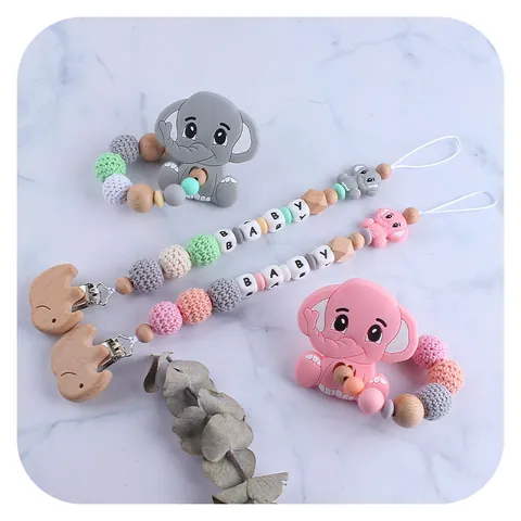 Baby Beech Wood Elephant Teether And Silicone Pacifier Clip Chain BPA Free Crochet Beads Infant Soothing Oral Toy Gift