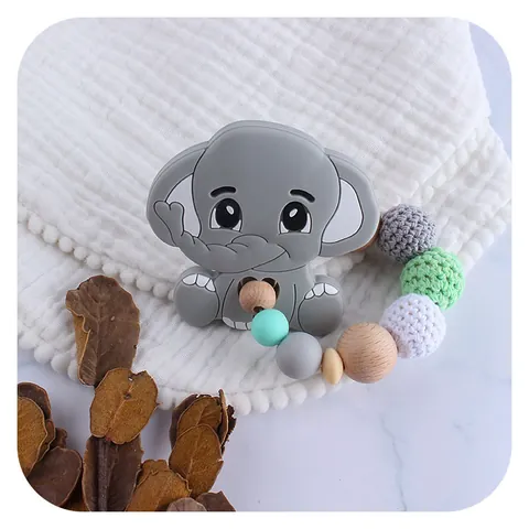 Baby Teether Bracelet Silicone Elephant Teething Toy With Beech Wood Crochet Beads Soothing Molar Ring For Infants Newborns Gift
