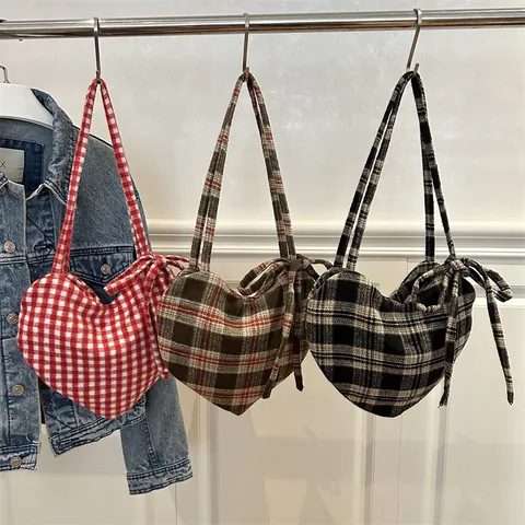 French Romantic Heart Shaped Underarm Bag For Women Vintage Gingham Plaid Tweed Shoulder Bag With Bow Sweet Daily Casual Handbag