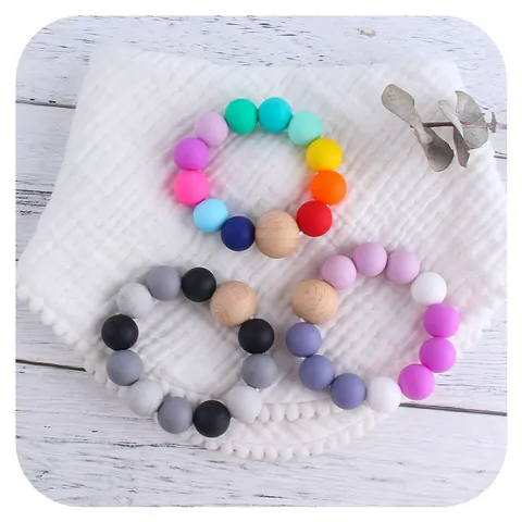 Silicone And Beech Wood Baby Teether Bracelet BPA Free Soothing Molar Beads Teething Toy For Infants Sensory Play Jewelry