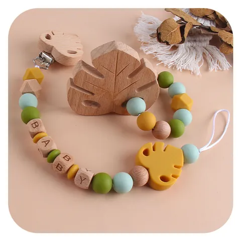 Beechwood Silicone Baby Pacifier Clip Teether Set Leaf Design Wooden Letter Beads Dummy Holder Relief Toy For Infant Toddler
