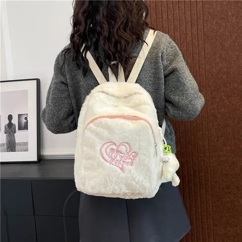 Women Plush Heart Embroidery Backpack Large Capacity Faux Fur School Bag With Charm Casual Travel Winter Fashion Daypack