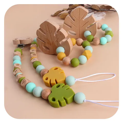 Beechwood Silicone Baby Pacifier Clip Teether Set Leaf Design Wooden Letter Beads Dummy Holder Relief Toy For Infant Toddler
