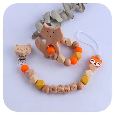 Fox Beech Wood Teether And Silicone Pacifier Chain With Letter Beads Soothing Teething Toy For Infant Montessori Sensory Toy