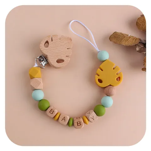 Silicone Beech Wood Baby Pacifier Clip Leaf Teether With Letter Beads BPA Free Soothing Nipple Holder Chain For Infants