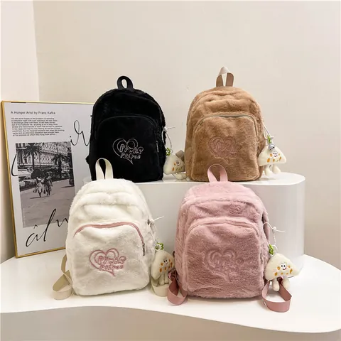 Women Plush Heart Embroidery Backpack Large Capacity Faux Fur School Bag With Charm Casual Travel Winter Fashion Daypack