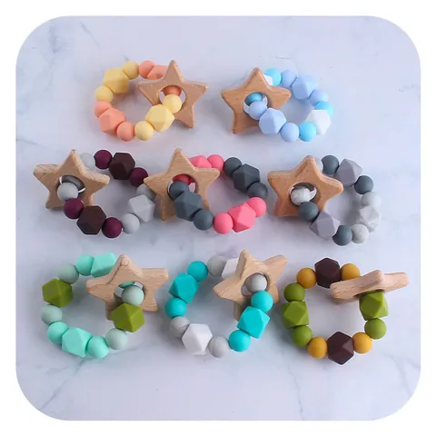 Baby Silicone Teething Ring With Beech Wood Star BPA Free Beads Infant Sensory Teether Toy For Toddlers Newborn Gift