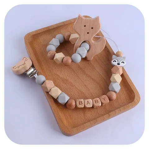 Fox Beech Wood Teether And Silicone Pacifier Chain With Letter Beads Soothing Teething Toy For Infant Montessori Sensory Toy