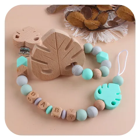 Silicone Beech Wood Baby Pacifier Clip Leaf Teether With Letter Beads BPA Free Soothing Nipple Holder Chain For Infants