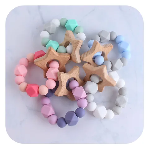 Baby Silicone Teething Ring With Beech Wood Star BPA Free Beads Infant Sensory Teether Toy For Toddlers Newborn Gift