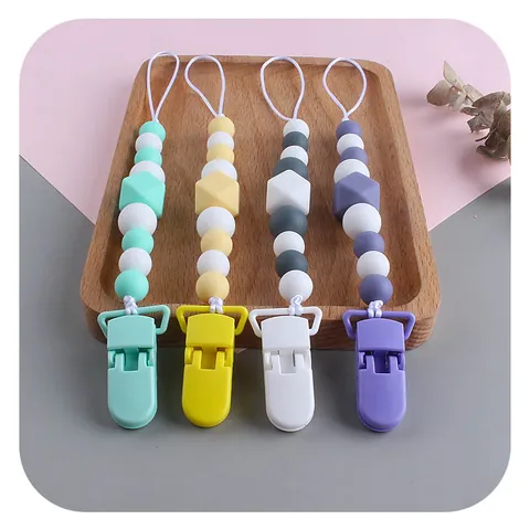 Silicone Baby Pacifier Clip Teething Chain For Infants Geometric Beads Soother Holder Leash BPA Free Baby Shower Gift