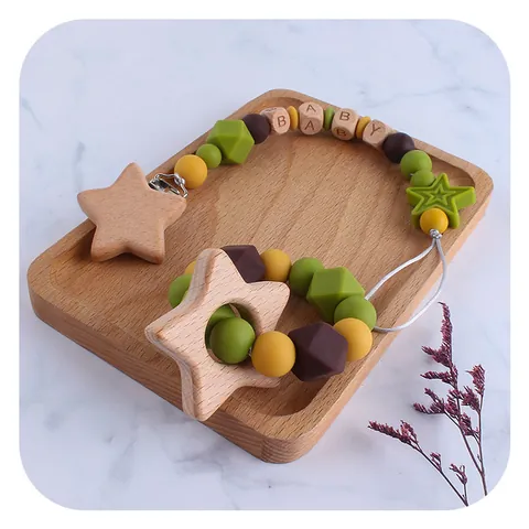 Beech Wood Star Baby Pacifier Clip And Silicone Beads Teether Soothing Toy With BABY Letter Beads For Infants Newborns