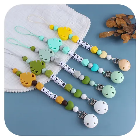 Silicone Baby Pacifier Clip Leaf Heart Beads BABY Letters Infant Teether Chain Soother Holder Anti-Drop Strap Accessories