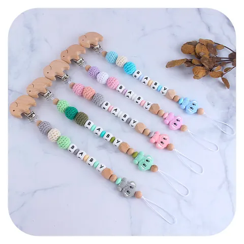 Handmade Elephant Silicone Beech Wood Pacifier Clip Baby Crochet Beads Teething Toy Chain Soother Holder Anti-drop Molar Gift