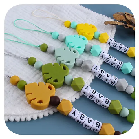 Silicone Baby Pacifier Clip Leaf Heart Beads BABY Letters Infant Teether Chain Soother Holder Anti-Drop Strap Accessories