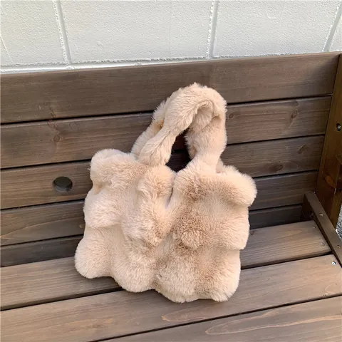 Women's Casual Faux Fur Plush Tote Bag Soft Bubble Quilted Large Capacity Handbag Winter Warm Shoulder Bag Handheld Bag