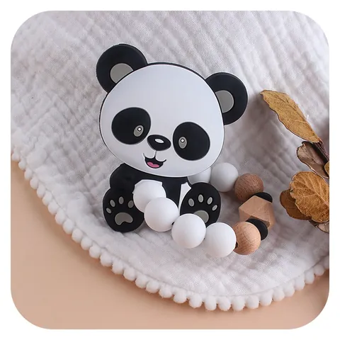Anneau de Dentition Bébé en Silicone Panda Avec Perles en Bois de Hêtre Naturel Jouet Apaisant sans BPA pour Nourrissons