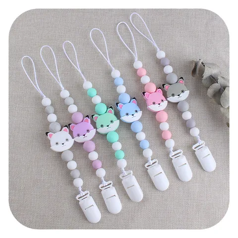 Baby Silicone Pacifier Clip Cartoon Fox Cat Teether Beads Anti Drop Chain Leash For Newborn Infant Toddler Baby Care Accessories