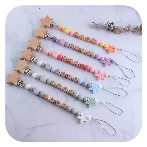 Baby Pacifier Clip Silicone Teething Beads Beech Wood Star Pacifier Chain Anti-Drop Dummy Holder For Infants Newborn Gift