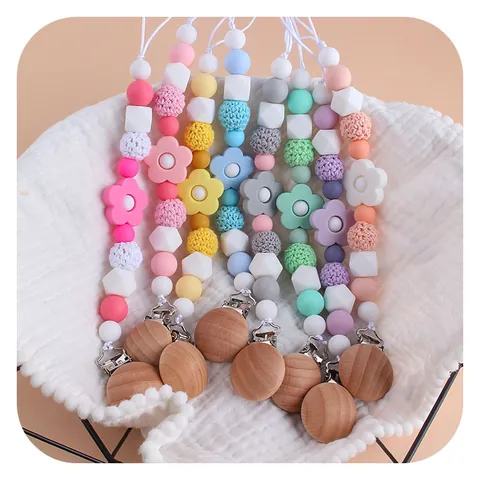 Baby Pacifier Clip Silicone Rose Flower Beads Beech Wood Anti-Drop Chain For Toddler Infant Soothing Teether Holder Leash