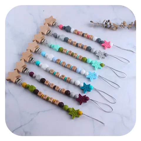 Baby Pacifier Clip Silicone Teething Beads Beech Wood Star Pacifier Chain Anti-Drop Dummy Holder For Infants Newborn Gift