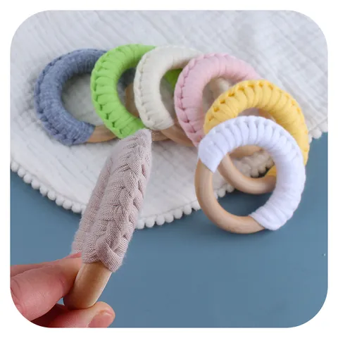 Handmade Cotton Braided Baby Wooden Teething Ring Natural Wood Grasping Toy Sensory Molar Toy For Infant Toddler Nursery Gifts