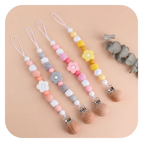 Baby Pacifier Clip Silicone Rose Flower Beads Beech Wood Anti-Drop Chain For Toddler Infant Soothing Teether Holder Leash