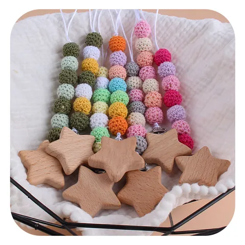 Handmade Crochet Baby Pacifier Clip Star Shaped Beech Wood Holder Cotton Knit Beads Soother Chain For Infants Binky Strap