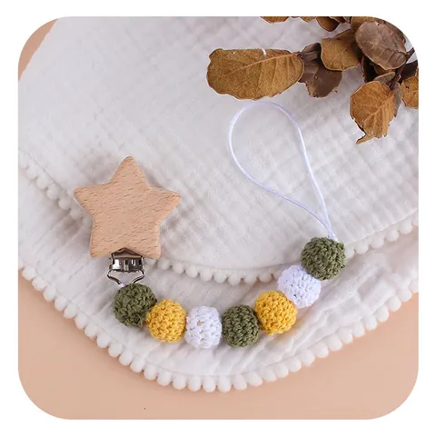 Handmade Crochet Baby Pacifier Clip Star Shaped Beech Wood Holder Cotton Knit Beads Soother Chain For Infants Binky Strap