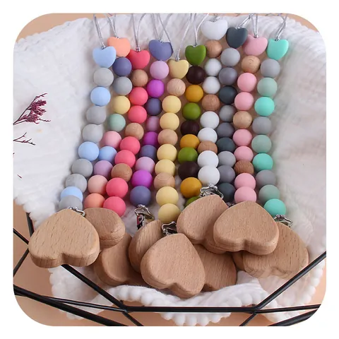 Beech Wood Silicone Pacifier Clip Heart Shape Handmade Baby Teething Beads Soother Chain Anti-Drop Dummy Holder For Infants