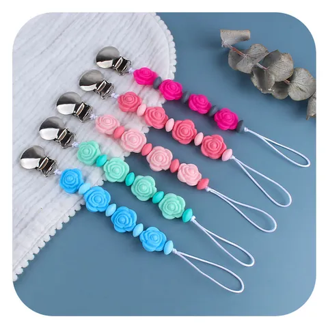Silicone Rose Flower Baby Pacifier Clip Holder Soother Chain Infants Teether Toy Anti Drop Strap Metal Clip Nursing Accessory