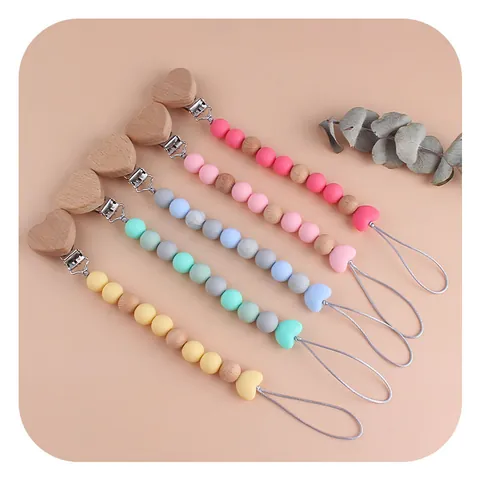Beech Wood Silicone Pacifier Clip Heart Shape Handmade Baby Teething Beads Soother Chain Anti-Drop Dummy Holder For Infants
