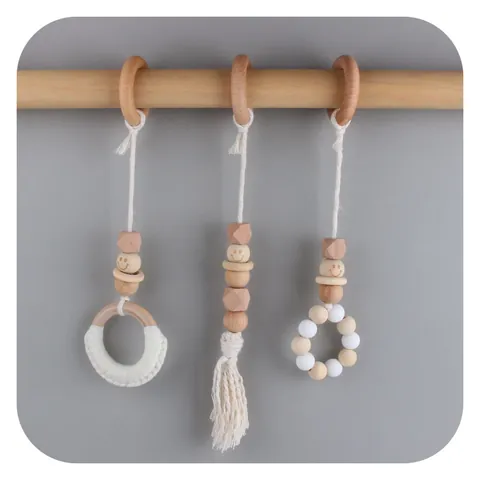 Baby Teether Hanging Toys Beech Wood Silicone Beads Cotton Tassel Hand-Woven For Baby Gym Nursery Decor Smiley Face Style