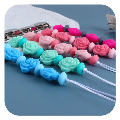 Silicone Rose Flower Baby Pacifier Clip Holder Soother Chain Infants Teether Toy Anti Drop Strap Metal Clip Nursing Accessory