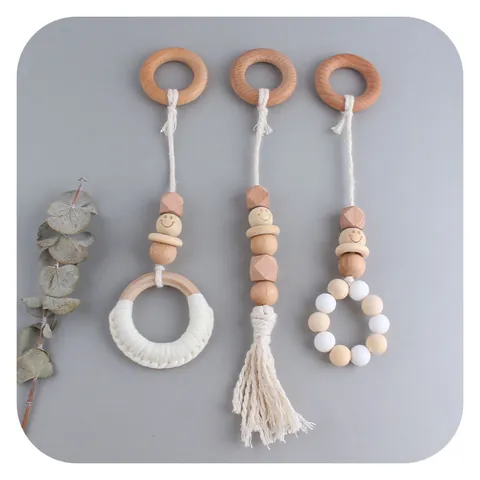 Baby Teether Hanging Toys Beech Wood Silicone Beads Cotton Tassel Hand-Woven For Baby Gym Nursery Decor Smiley Face Style