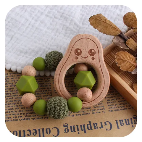 Beech Wood Silicone Baby Teether Bracelet Crochet Beads Avocado Owl Butterfly Shape Infant Nursing Grasping Toy Ring