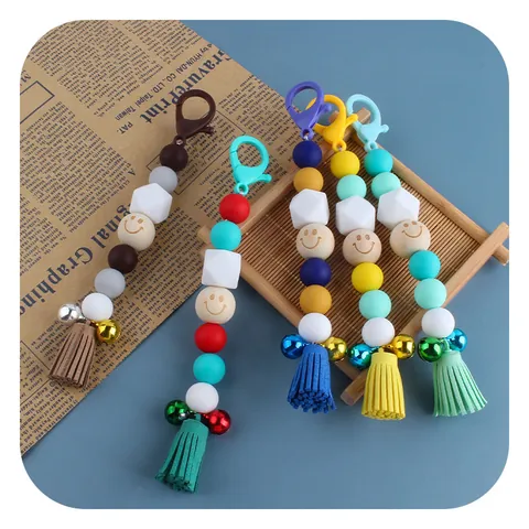 Silicone Beads Wooden Smile Face Keychain With Tassel Bell Colorful Plastic Lobster Clasp Backpack Hanging Charm For Women