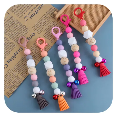 Silicone Beads Wooden Smile Face Keychain With Tassel Bell Colorful Plastic Lobster Clasp Backpack Hanging Charm For Women