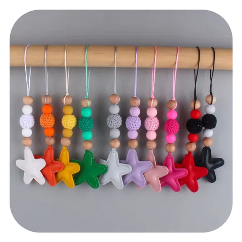 Handmade Colorful Star Pendant Keychain Silicone Wooden Beads Crochet Ball PU Leather Star Hanging Decor For Bag Stroller